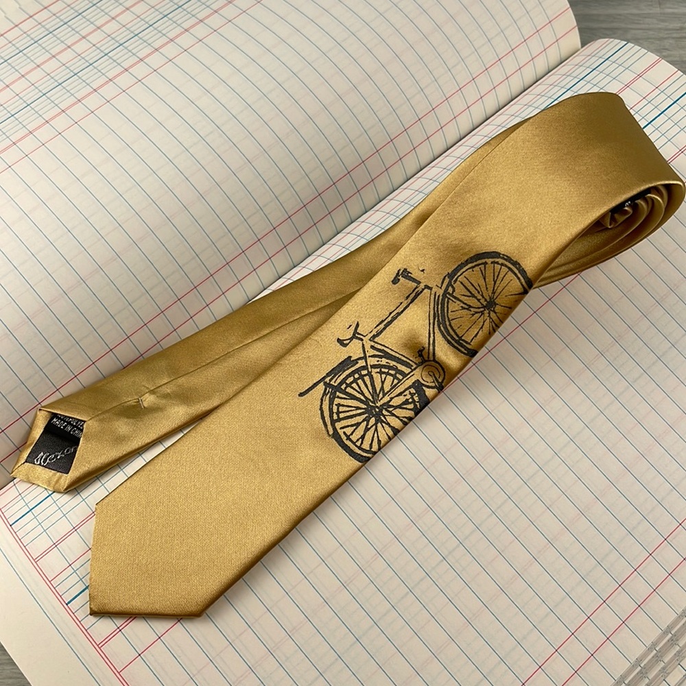 Gold Skinny Necktie with Dark Gray Bicycle Screen Print